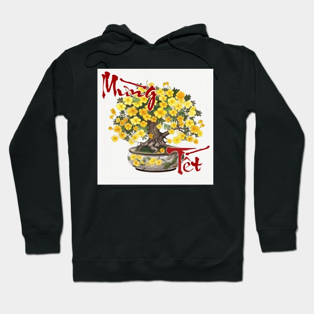 Mung Tet, Lunar New Year, Calligraphy + AI Art, Hoa Mai Hoodie by AZNSnackShop